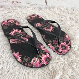 Havaianas Black and Pink Floral Flip Flop Sandals Size 9/10